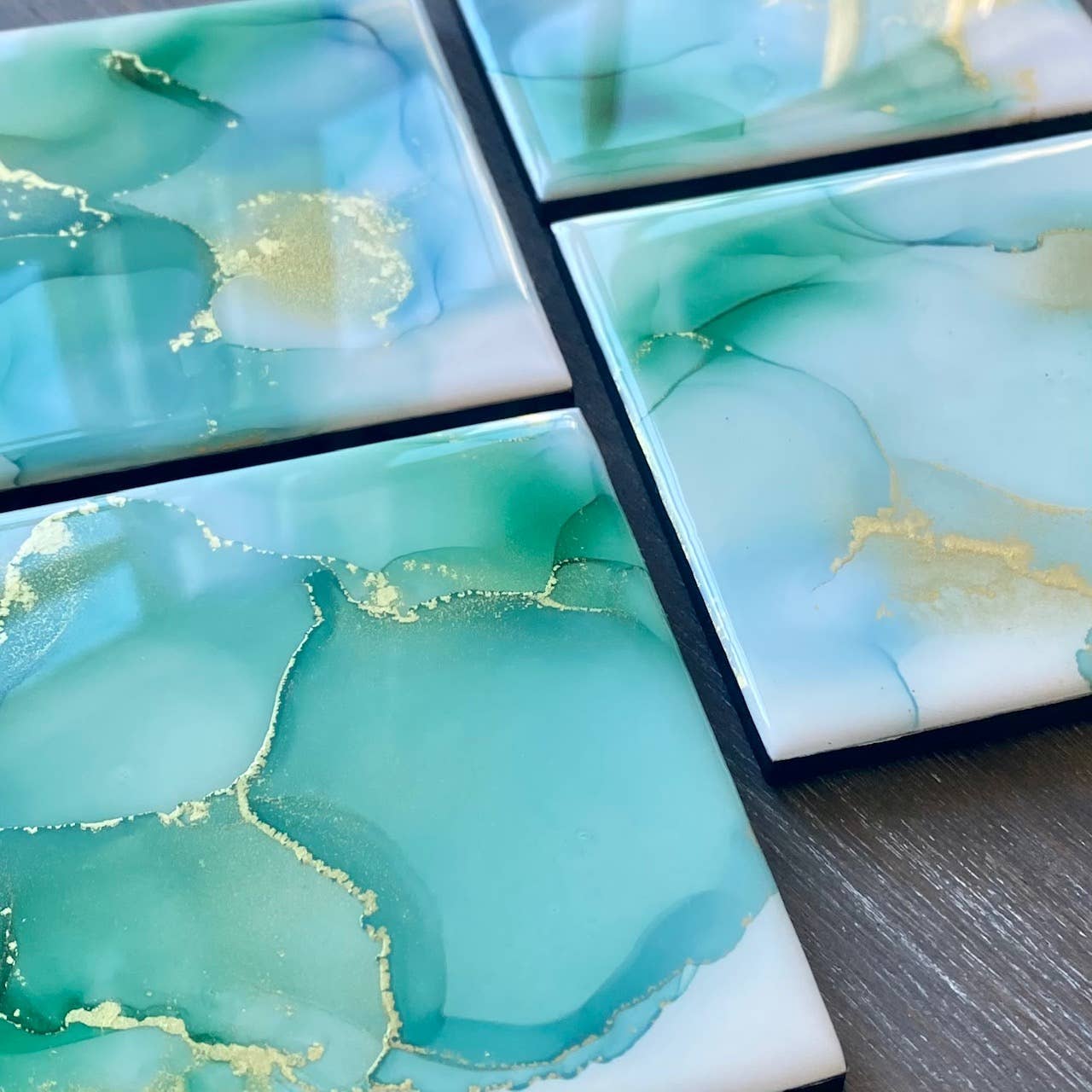 Ocean Wave Hand Painted Ceramic Tile Coaster Set